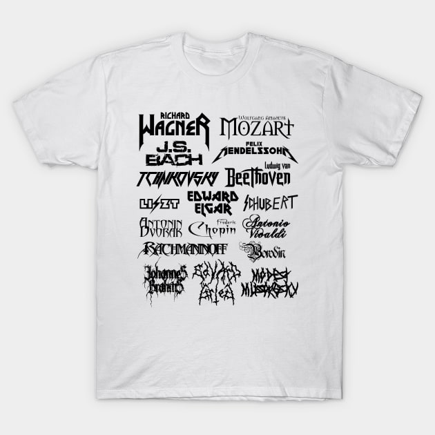 Heavy Metal-style Classical Composers (Black) T-Shirt by Ragetroll